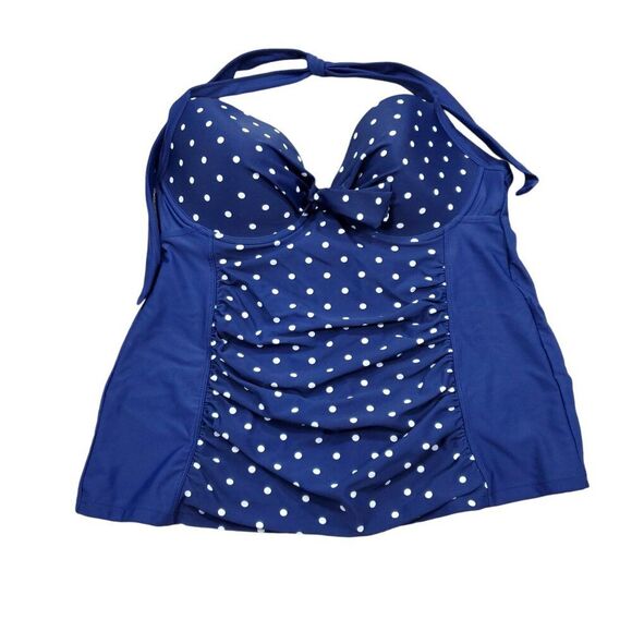 Tropical Escape Halter Tankini Swim Top Retro Push Up Bra Blue Polka Dot Size 14 - Picture 1 of 6